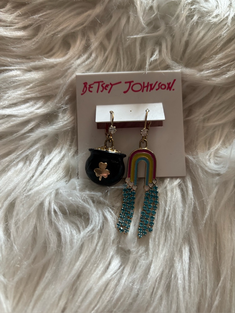 Betsey Johnson Black Cauldron & Multicolor Rainbow Tassel Drop Earrings
